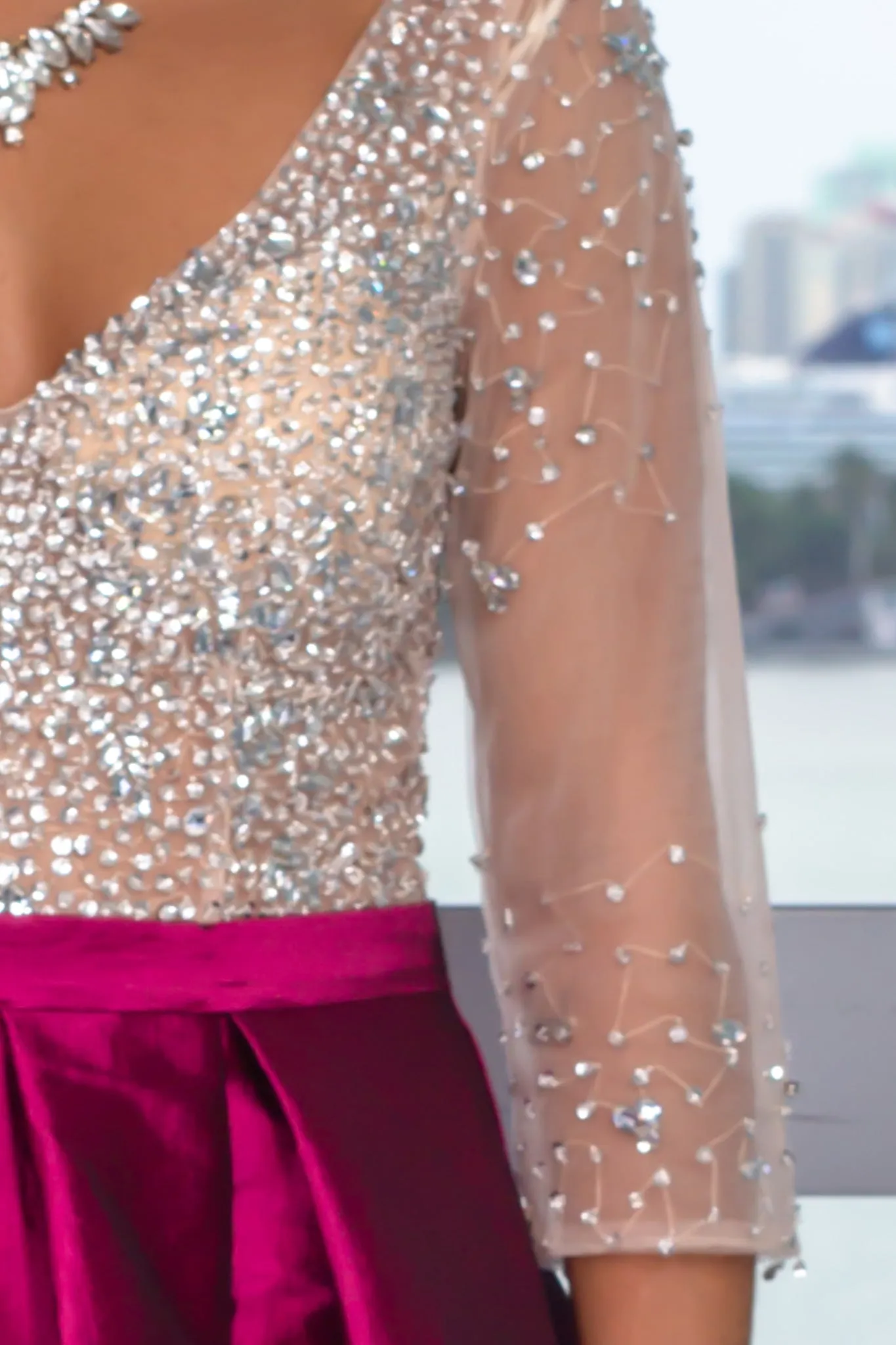 Wine Jeweled Top Maxi Dress with Pockets