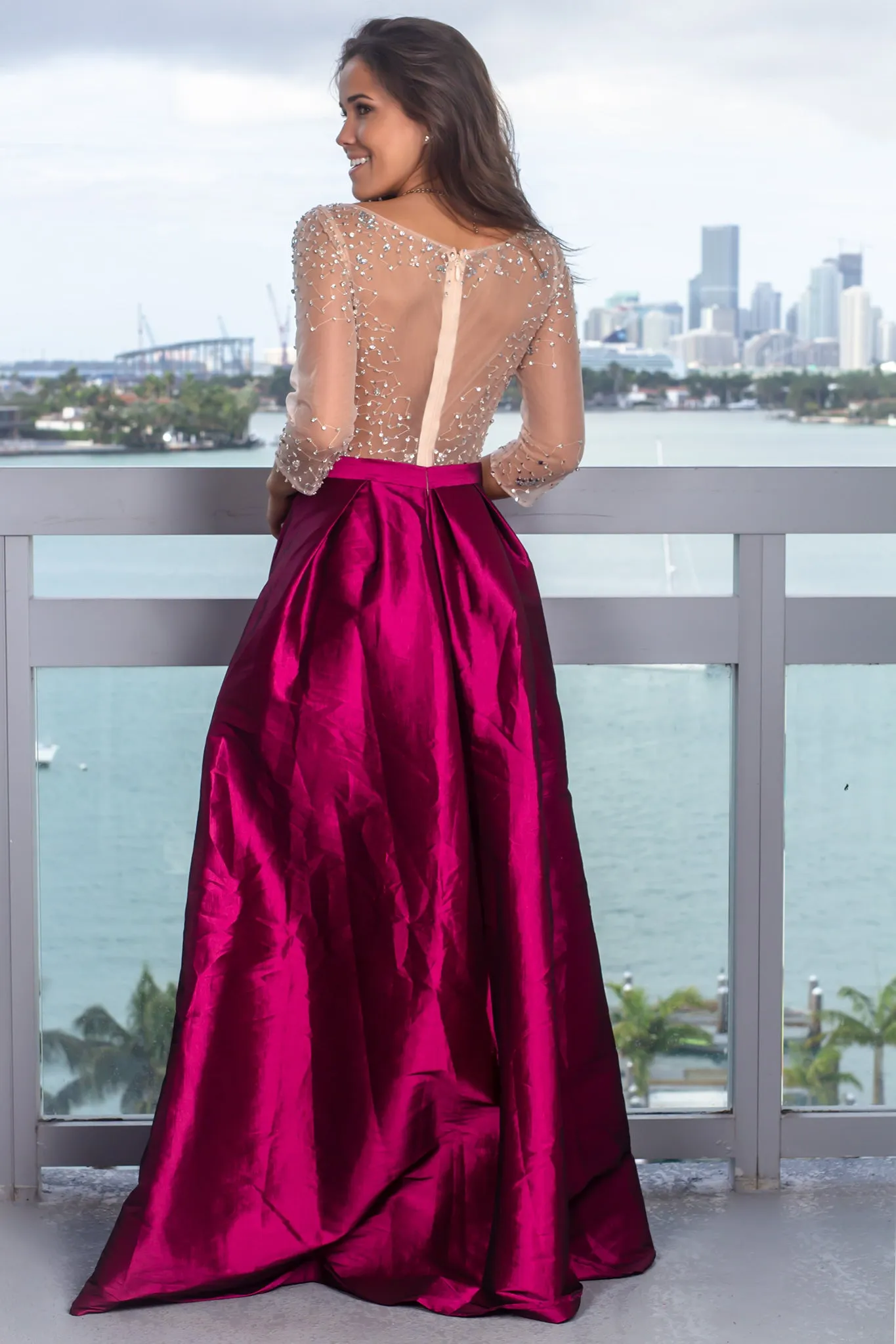 Wine Jeweled Top Maxi Dress with Pockets