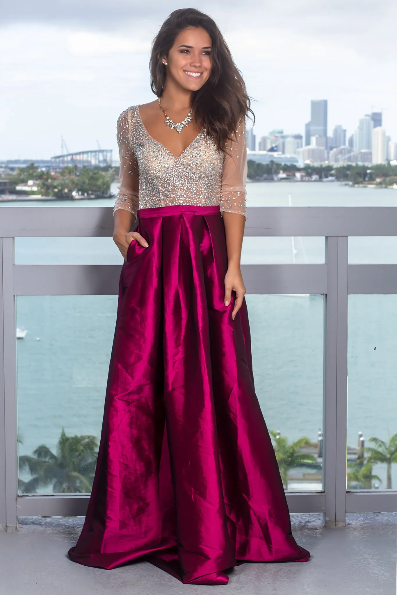 Wine Jeweled Top Maxi Dress with Pockets