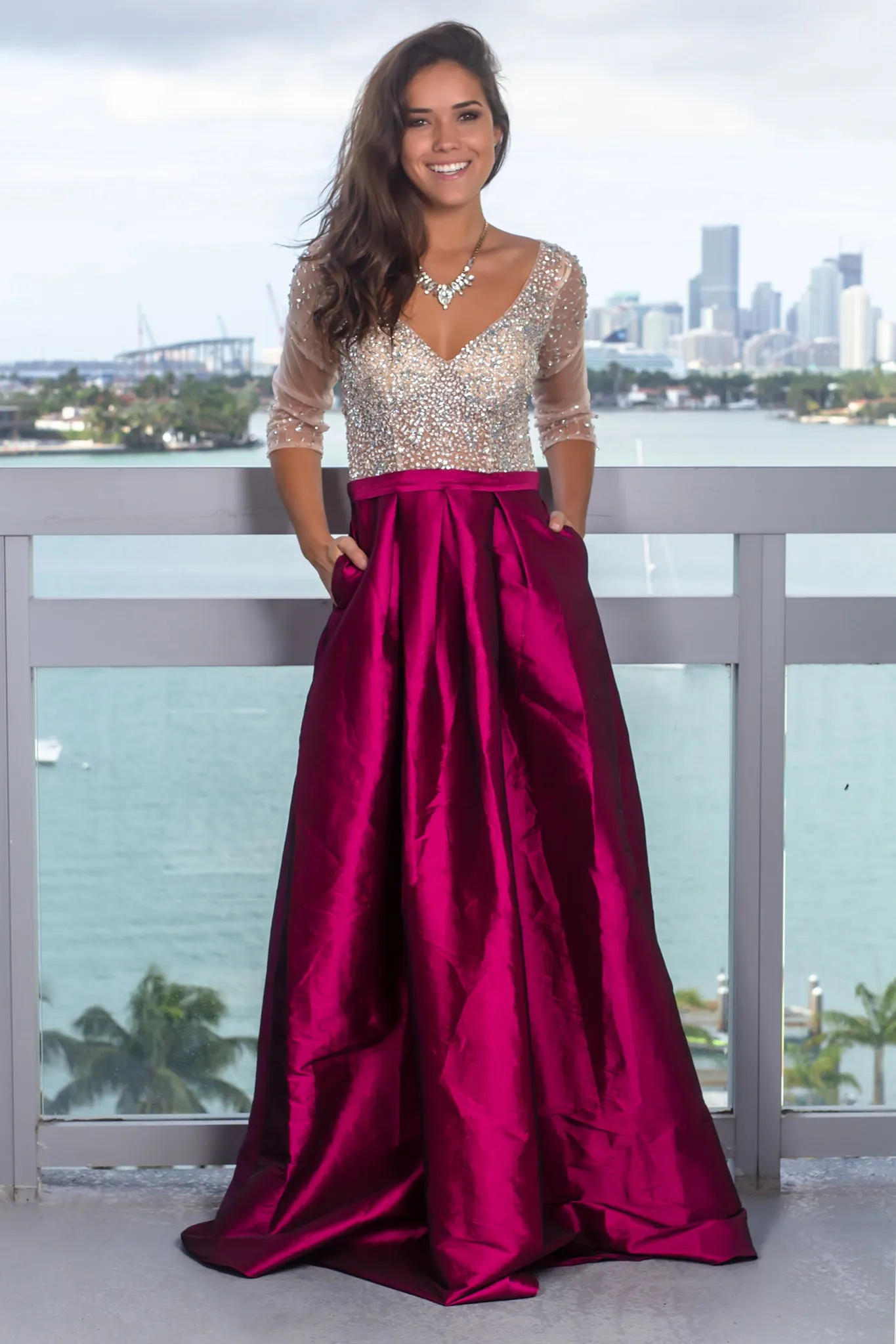 Wine Jeweled Top Maxi Dress with Pockets