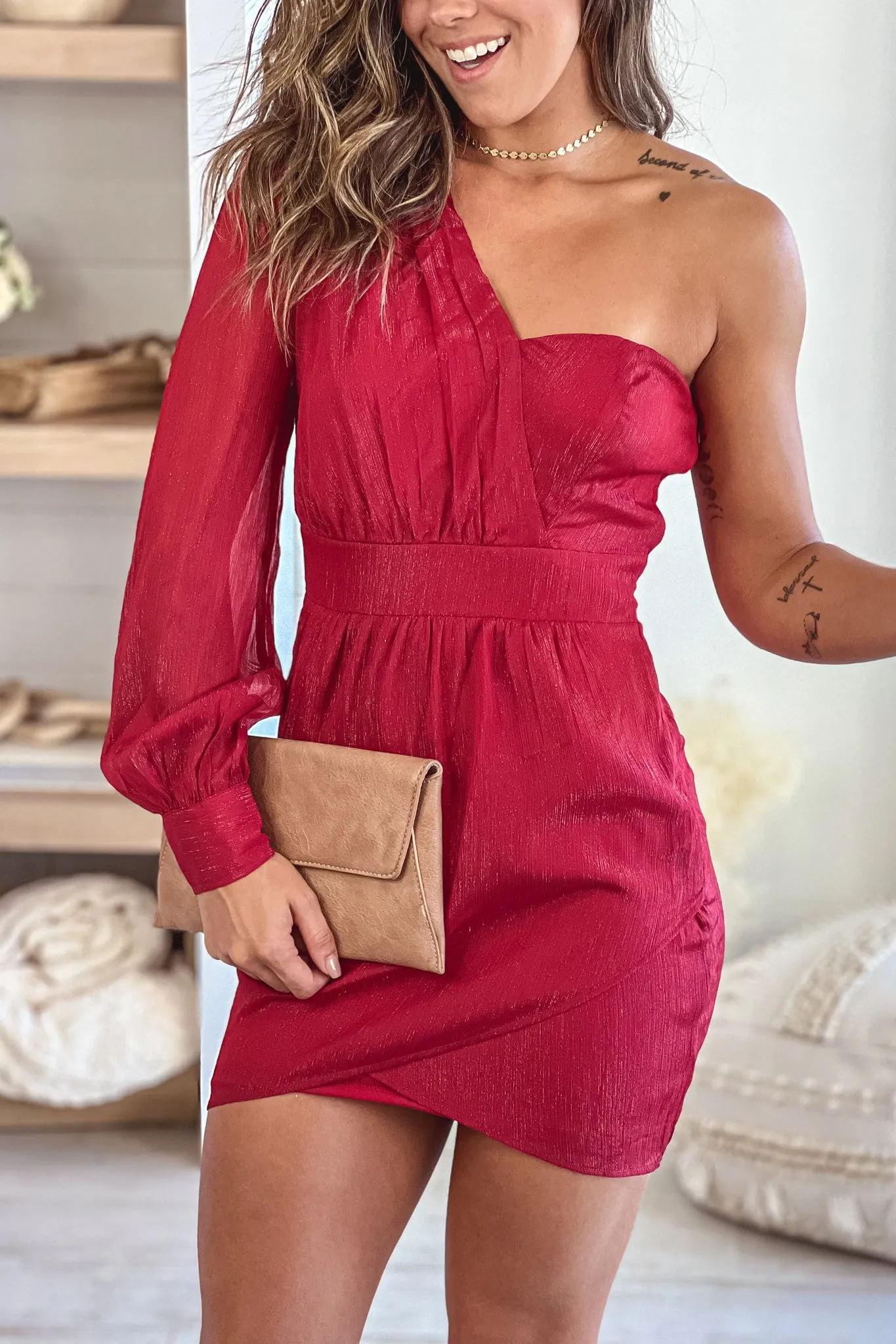 Wine Shimmer One Shoulder Short Dress