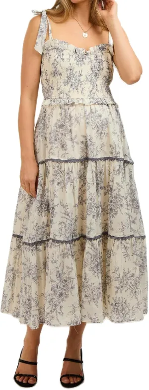 Women Bow Tie Shoulder Boho Flowy Long Dress Sleeveless Floral Tiered Cami Dress Graffiti Going Out Vocation Sundress