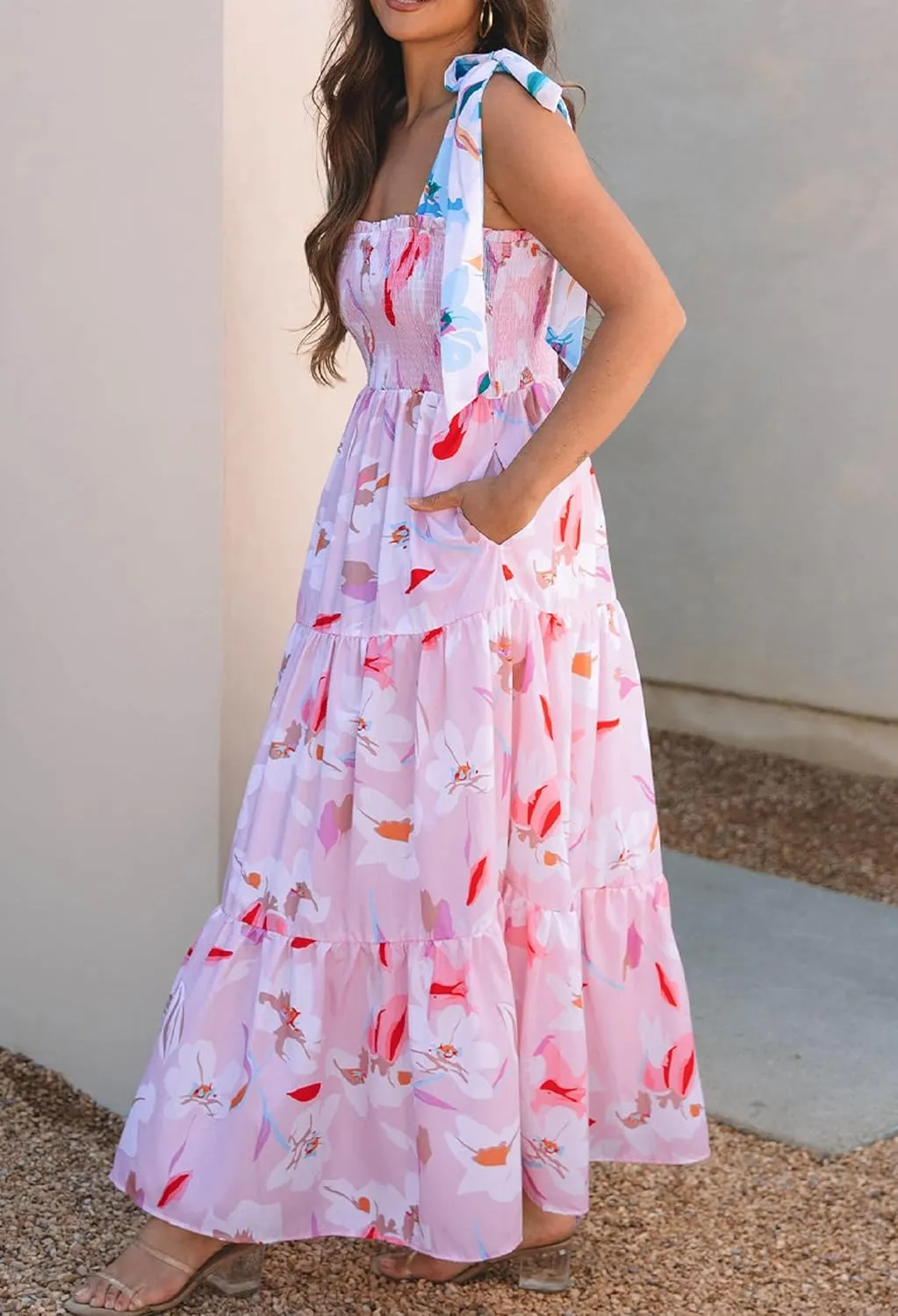 Women Bow Tie Shoulder Boho Flowy Long Dress Sleeveless Floral Tiered Cami Dress Graffiti Going Out Vocation Sundress