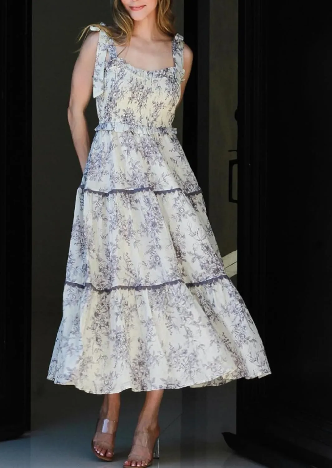Women Bow Tie Shoulder Boho Flowy Long Dress Sleeveless Floral Tiered Cami Dress Graffiti Going Out Vocation Sundress