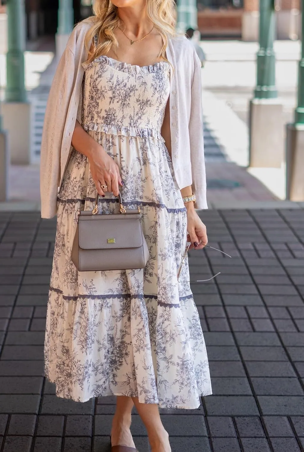 Women Bow Tie Shoulder Boho Flowy Long Dress Sleeveless Floral Tiered Cami Dress Graffiti Going Out Vocation Sundress