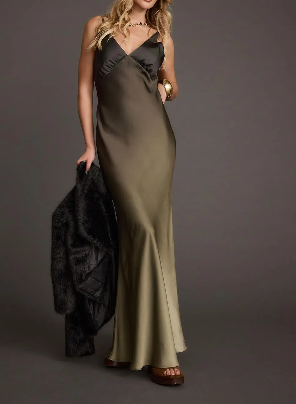 Women Ombre Satin Maxi Dress Tie Dye Sunset Dress Spaghetti Strap V Neck Backless Vacation Party Slip Dresses