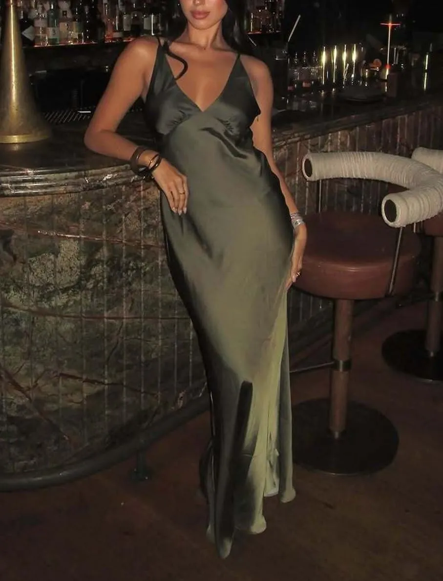 Women Ombre Satin Maxi Dress Tie Dye Sunset Dress Spaghetti Strap V Neck Backless Vacation Party Slip Dresses
