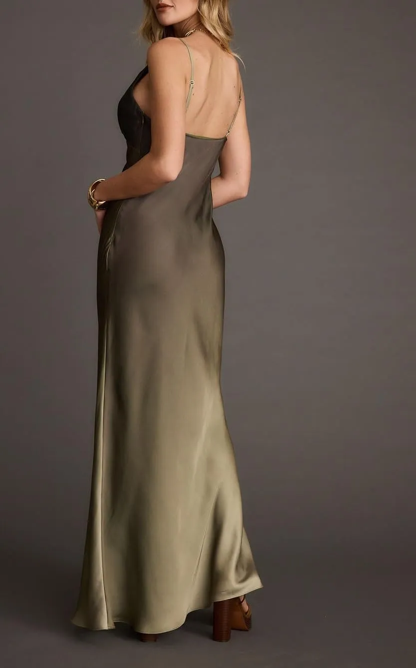 Women Ombre Satin Maxi Dress Tie Dye Sunset Dress Spaghetti Strap V Neck Backless Vacation Party Slip Dresses