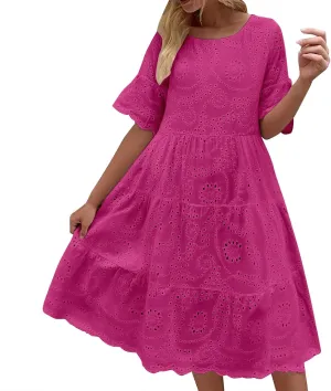Women's Lace Eyelet Short Sleeve Tiered Midi Long Dress Ruffle Hem Cute Babydoll Short Dress 2024