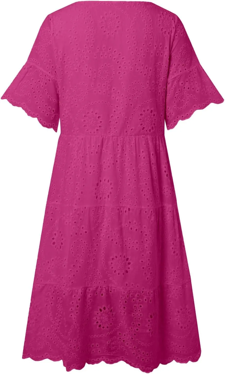 Women's Lace Eyelet Short Sleeve Tiered Midi Long Dress Ruffle Hem Cute Babydoll Short Dress 2024