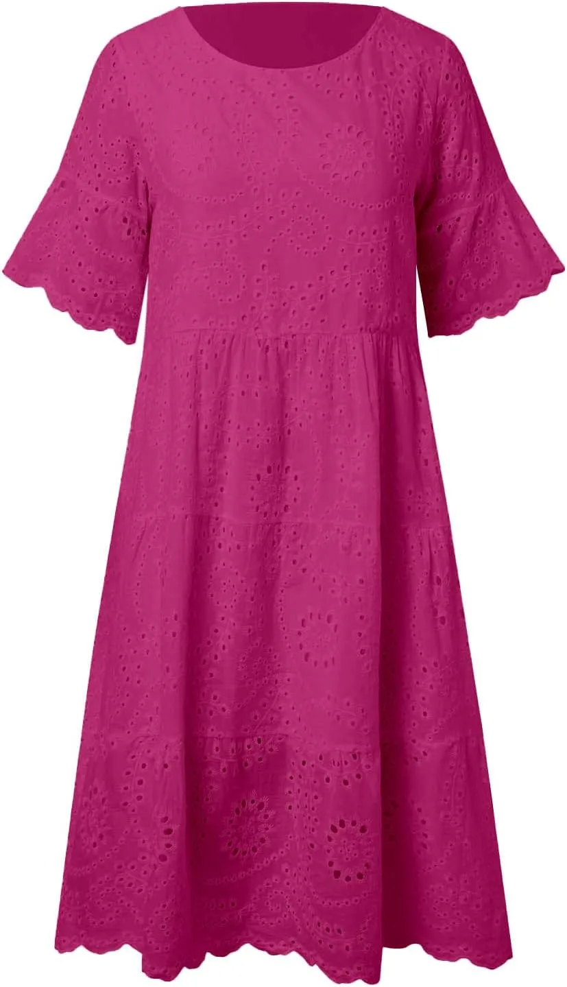 Women's Lace Eyelet Short Sleeve Tiered Midi Long Dress Ruffle Hem Cute Babydoll Short Dress 2024
