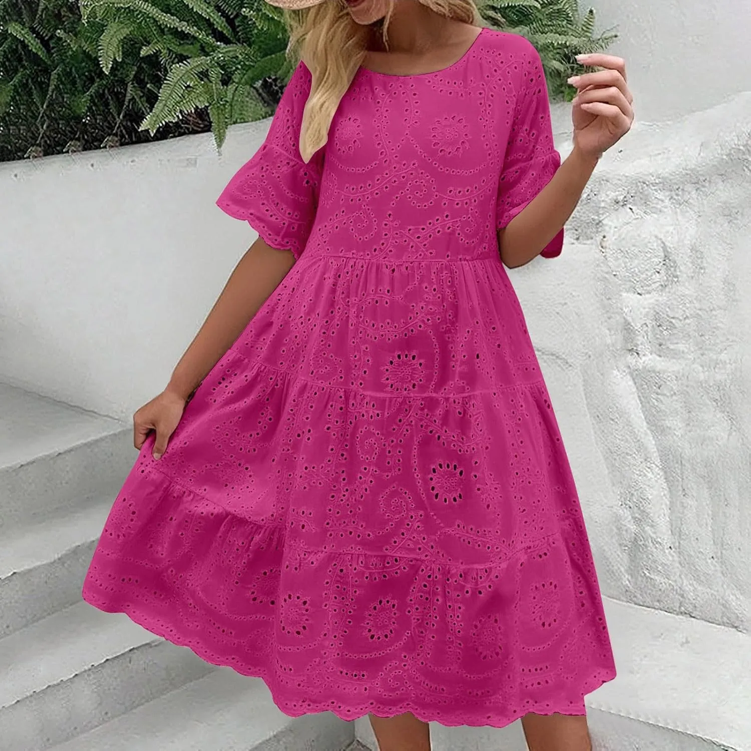 Women's Lace Eyelet Short Sleeve Tiered Midi Long Dress Ruffle Hem Cute Babydoll Short Dress 2024