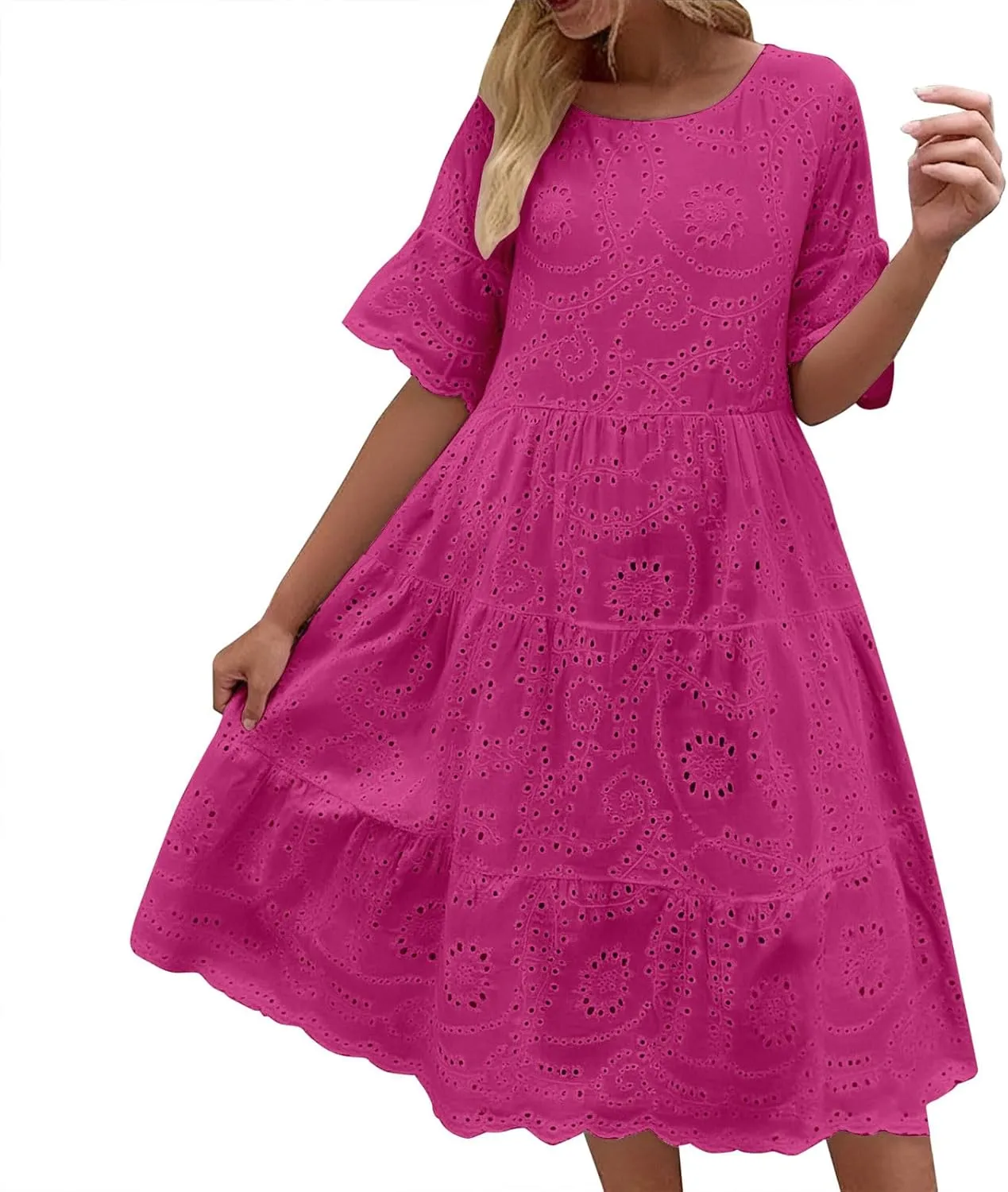 Women's Lace Eyelet Short Sleeve Tiered Midi Long Dress Ruffle Hem Cute Babydoll Short Dress 2024
