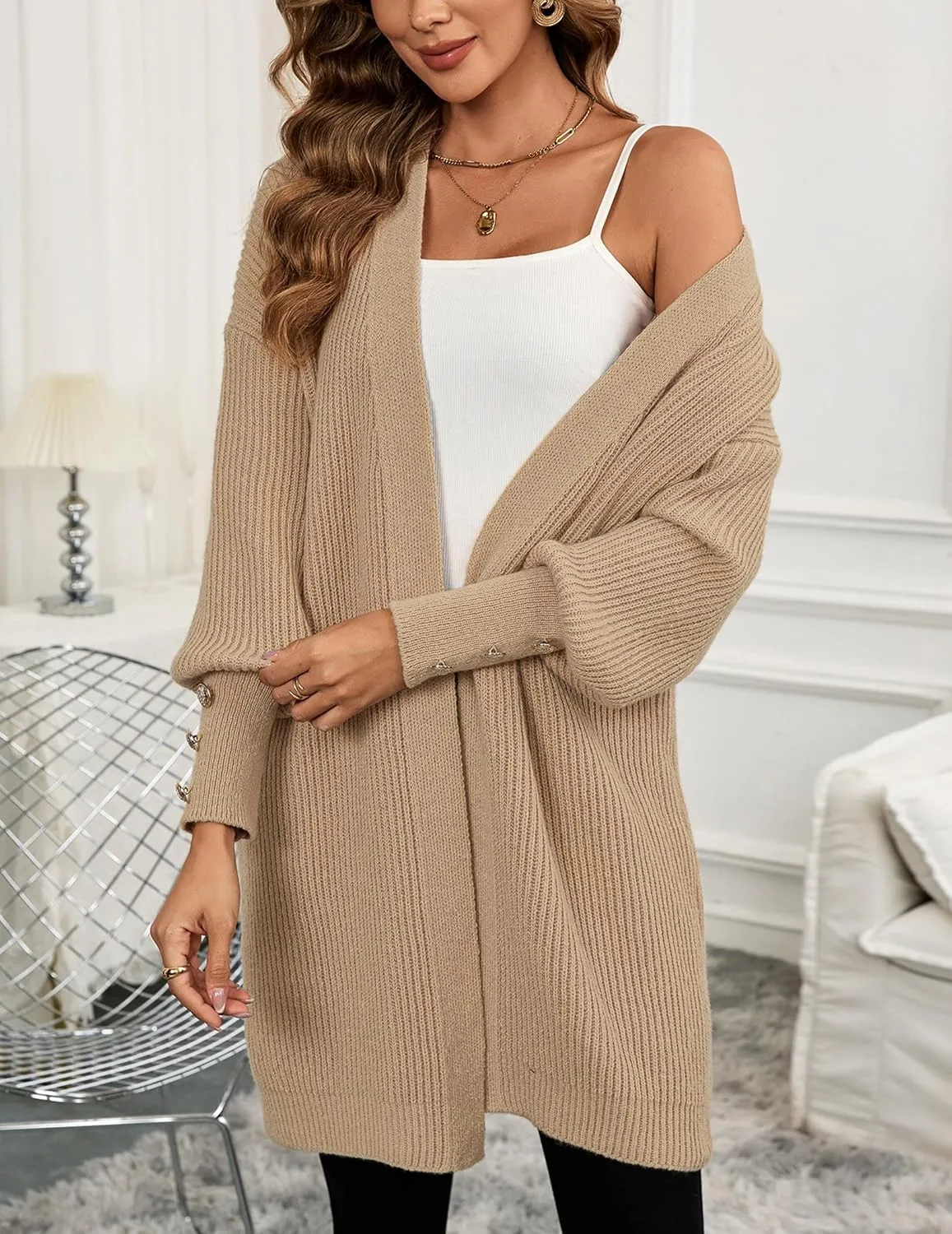 Womens Oversized Thick Long Cardigans Fall 2024 Casual Chunky Ribbed Knit Open Front Button Long Sleeve Cardigan