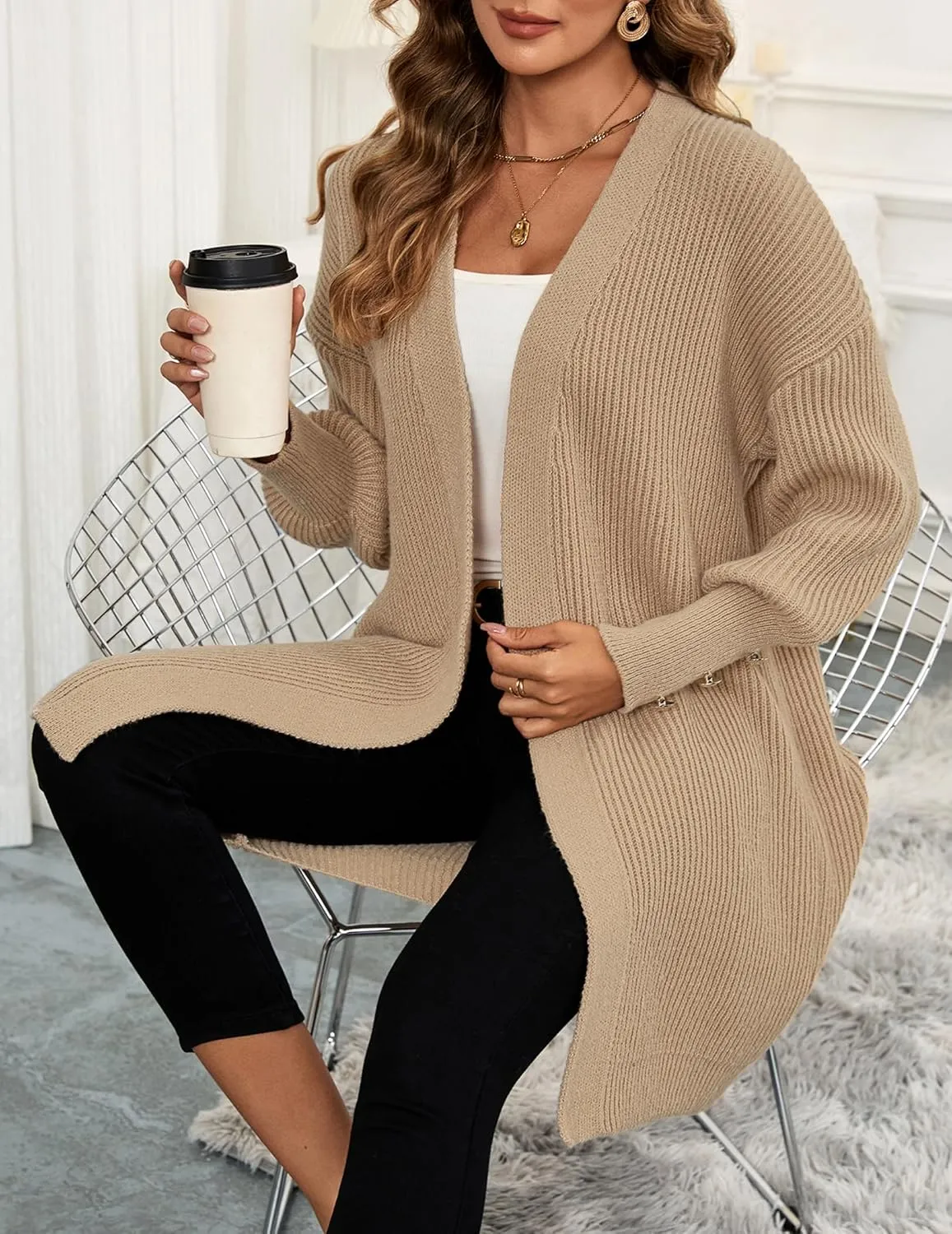 Womens Oversized Thick Long Cardigans Fall 2024 Casual Chunky Ribbed Knit Open Front Button Long Sleeve Cardigan