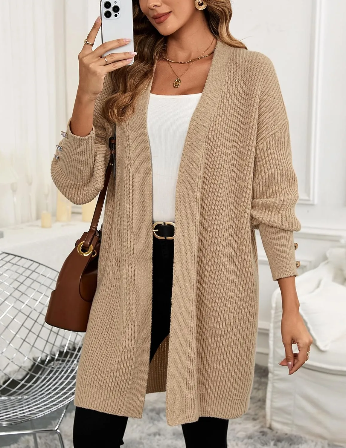 Womens Oversized Thick Long Cardigans Fall 2024 Casual Chunky Ribbed Knit Open Front Button Long Sleeve Cardigan