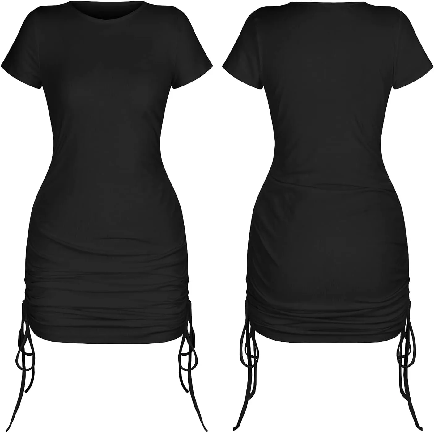 Women's Ribbed Knit Dress Drawstring Side Ruched Short Dresses