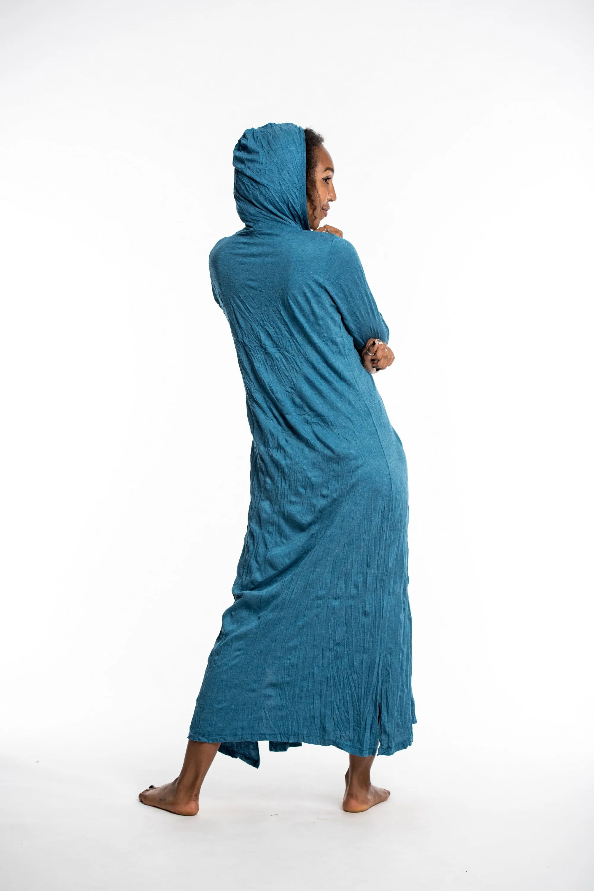 Womens Solid Color Long Hoodie Dress in Denim Blue