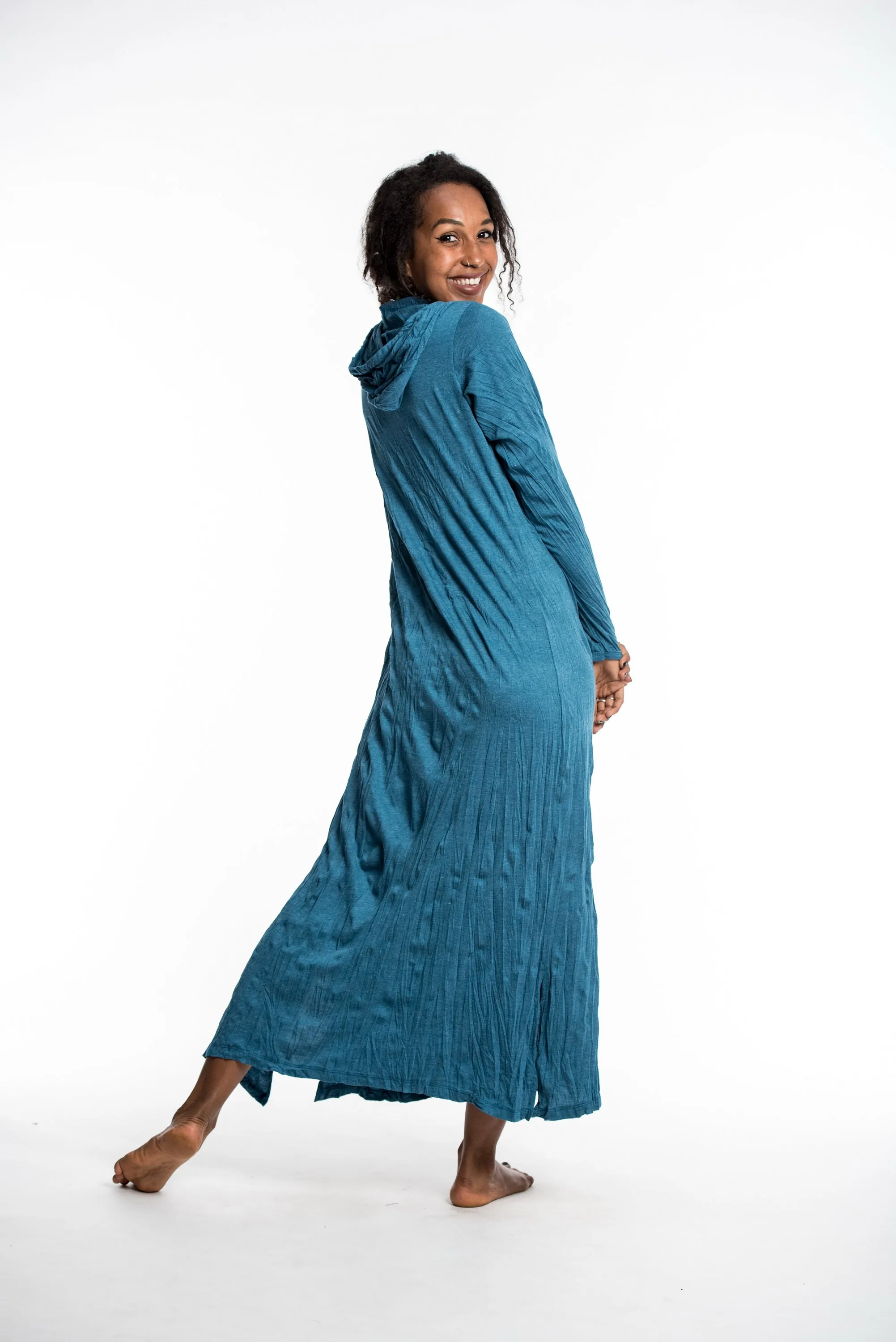 Womens Solid Color Long Hoodie Dress in Denim Blue