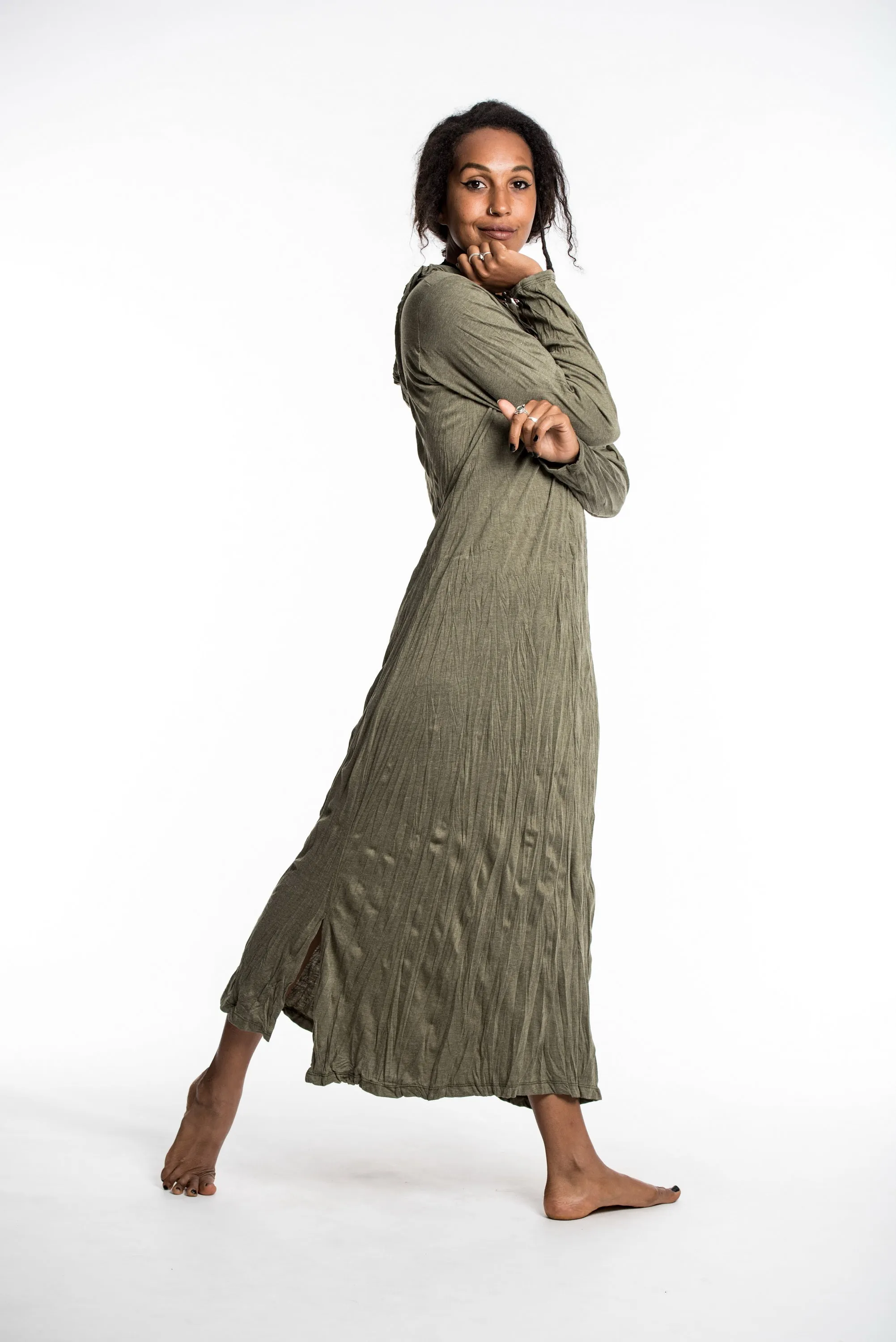 Womens Solid Color Long Hoodie Dress in Green