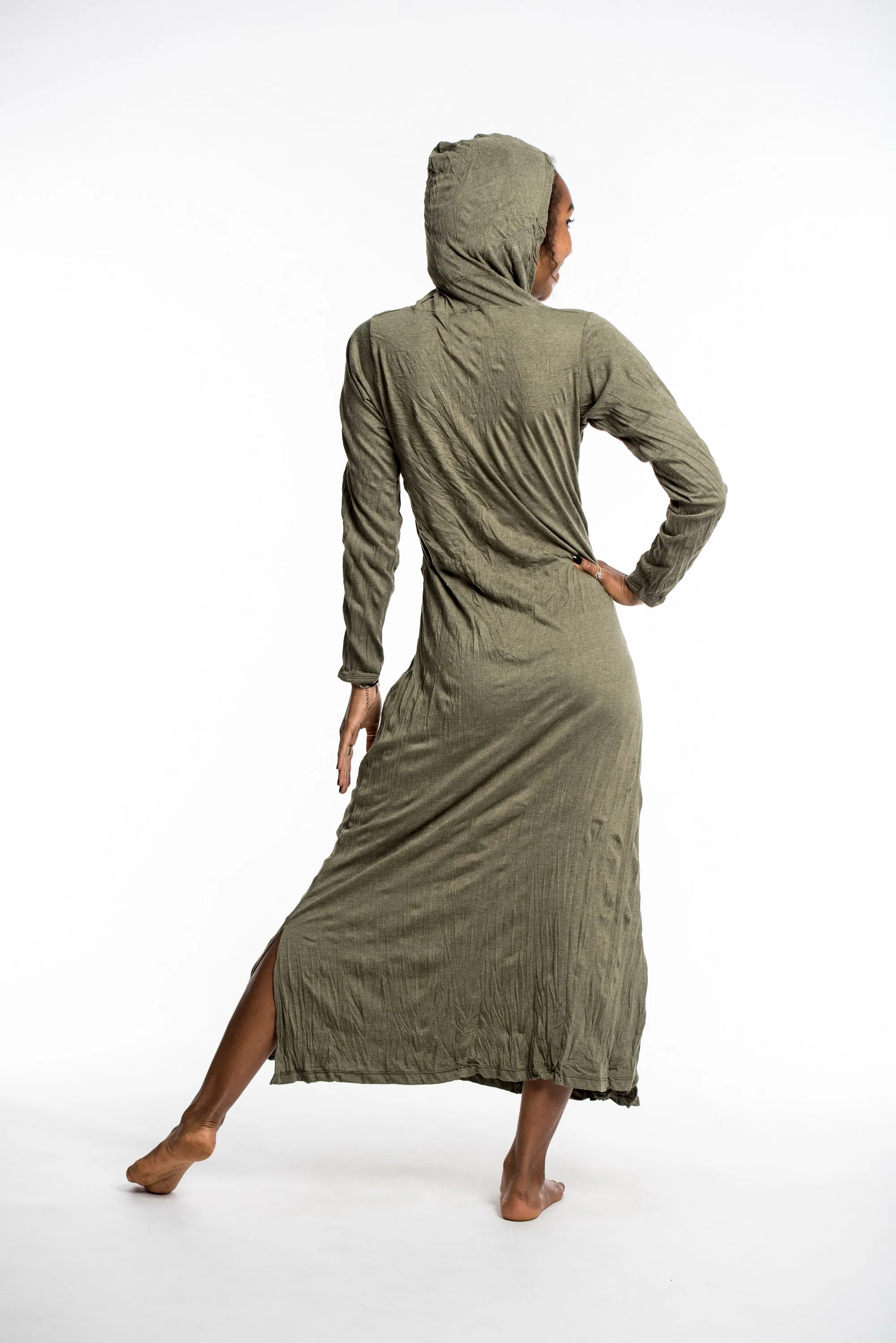 Womens Solid Color Long Hoodie Dress in Green