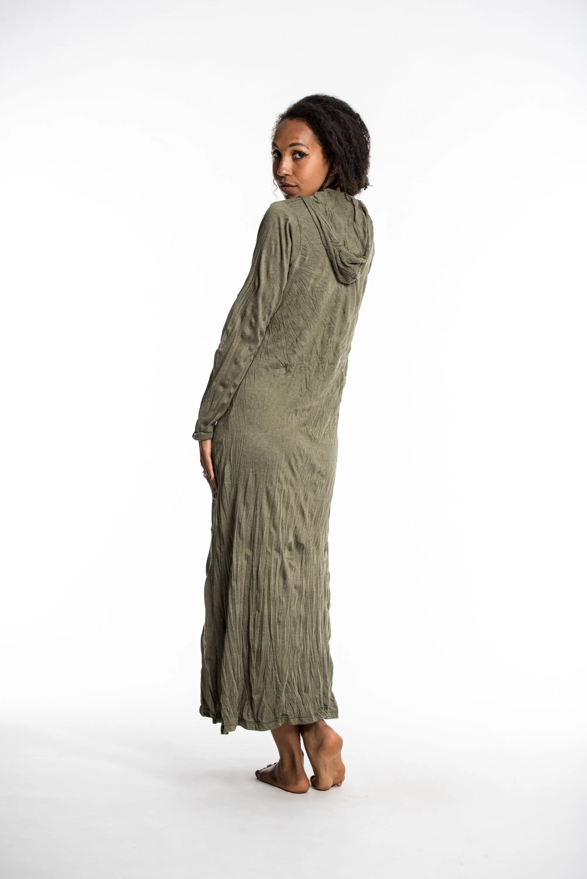 Womens Solid Color Long Hoodie Dress in Green