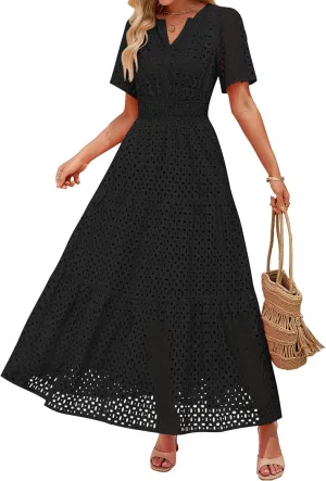 ZESICA Women's 2025 Summer Short Sleeve Maxi Dress Casual V Neck Hollow Out Eyelet Ruffle Swing A Line Long Dresses