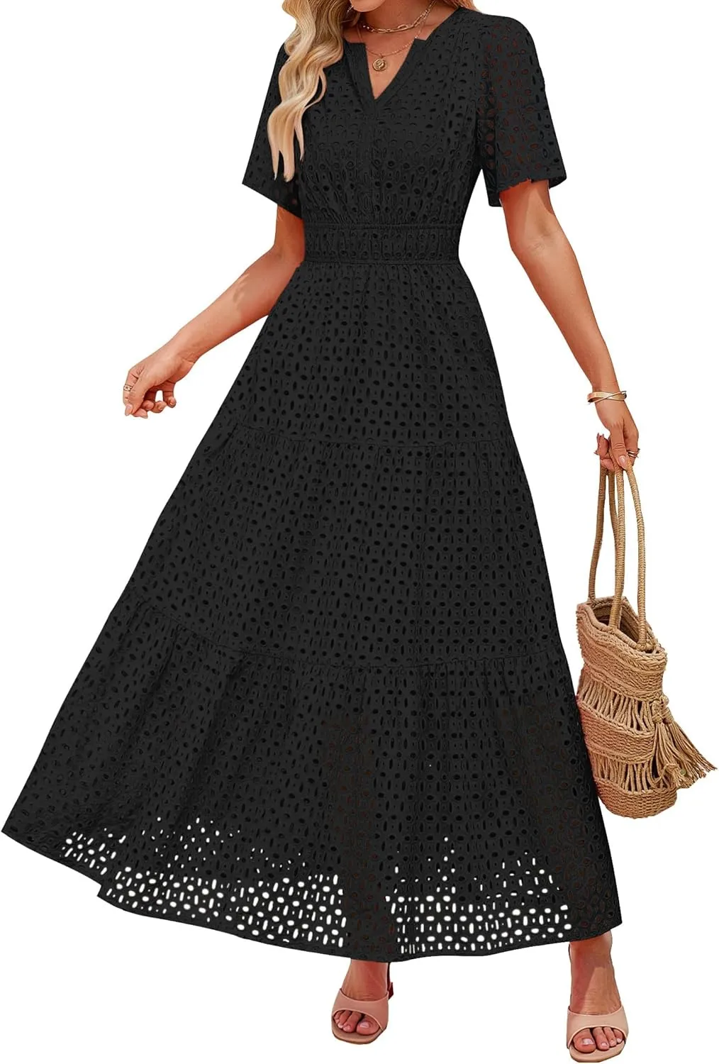 ZESICA Women's 2025 Summer Short Sleeve Maxi Dress Casual V Neck Hollow Out Eyelet Ruffle Swing A Line Long Dresses