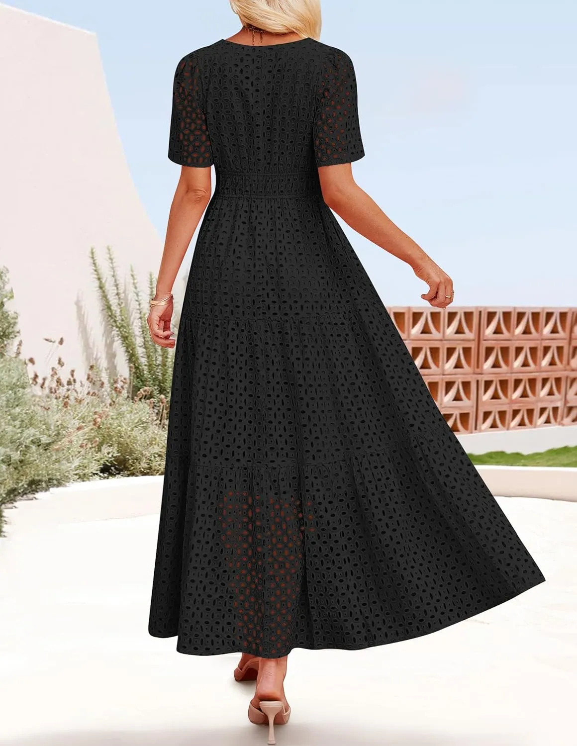 ZESICA Women's 2025 Summer Short Sleeve Maxi Dress Casual V Neck Hollow Out Eyelet Ruffle Swing A Line Long Dresses