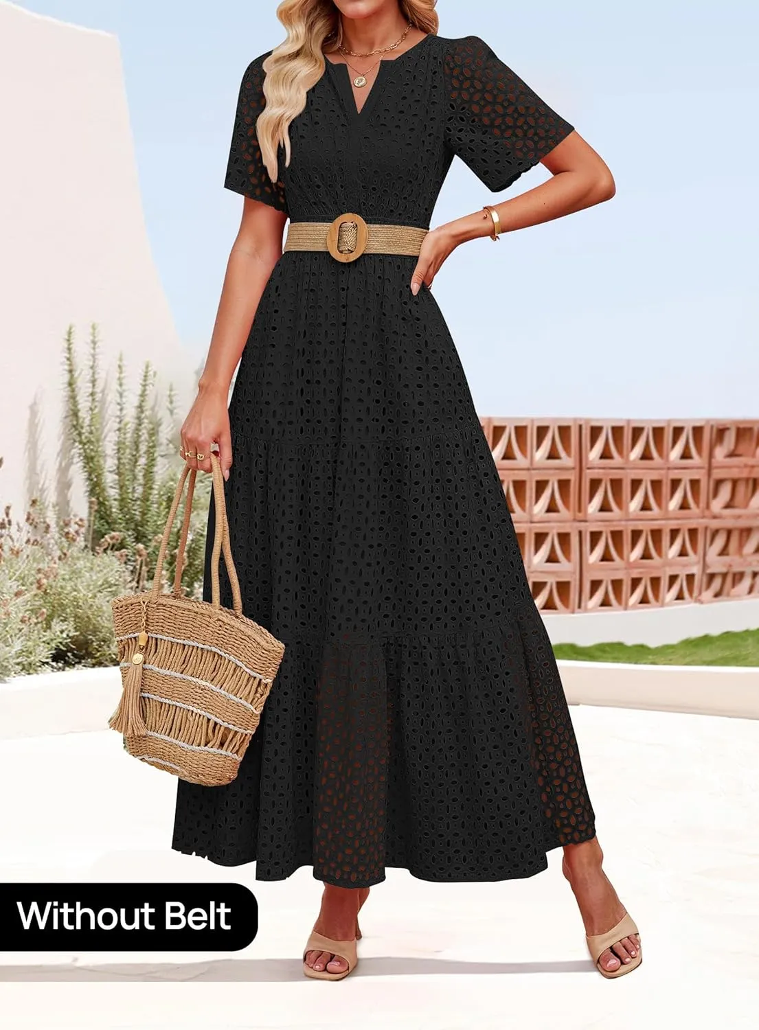 ZESICA Women's 2025 Summer Short Sleeve Maxi Dress Casual V Neck Hollow Out Eyelet Ruffle Swing A Line Long Dresses