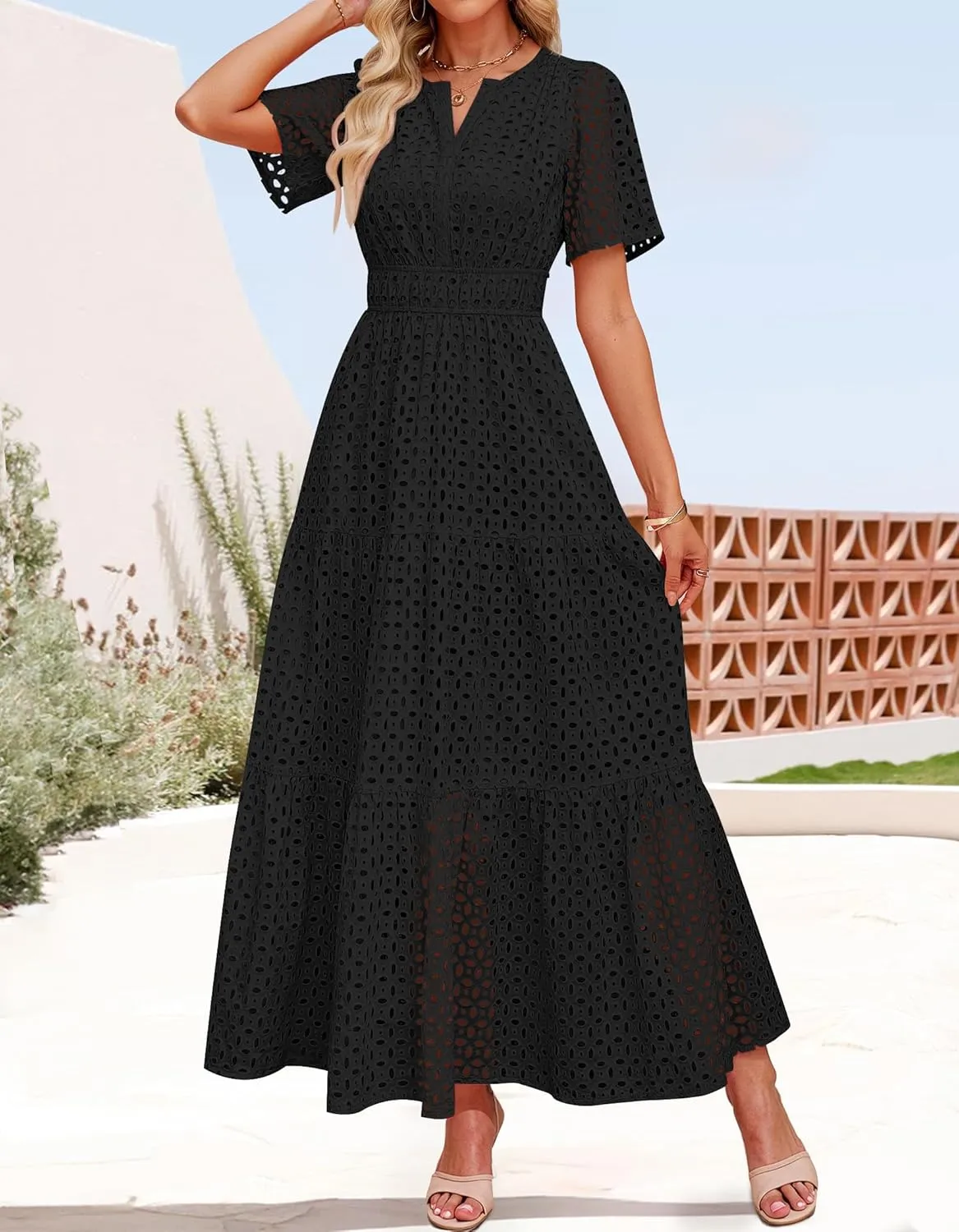 ZESICA Women's 2025 Summer Short Sleeve Maxi Dress Casual V Neck Hollow Out Eyelet Ruffle Swing A Line Long Dresses