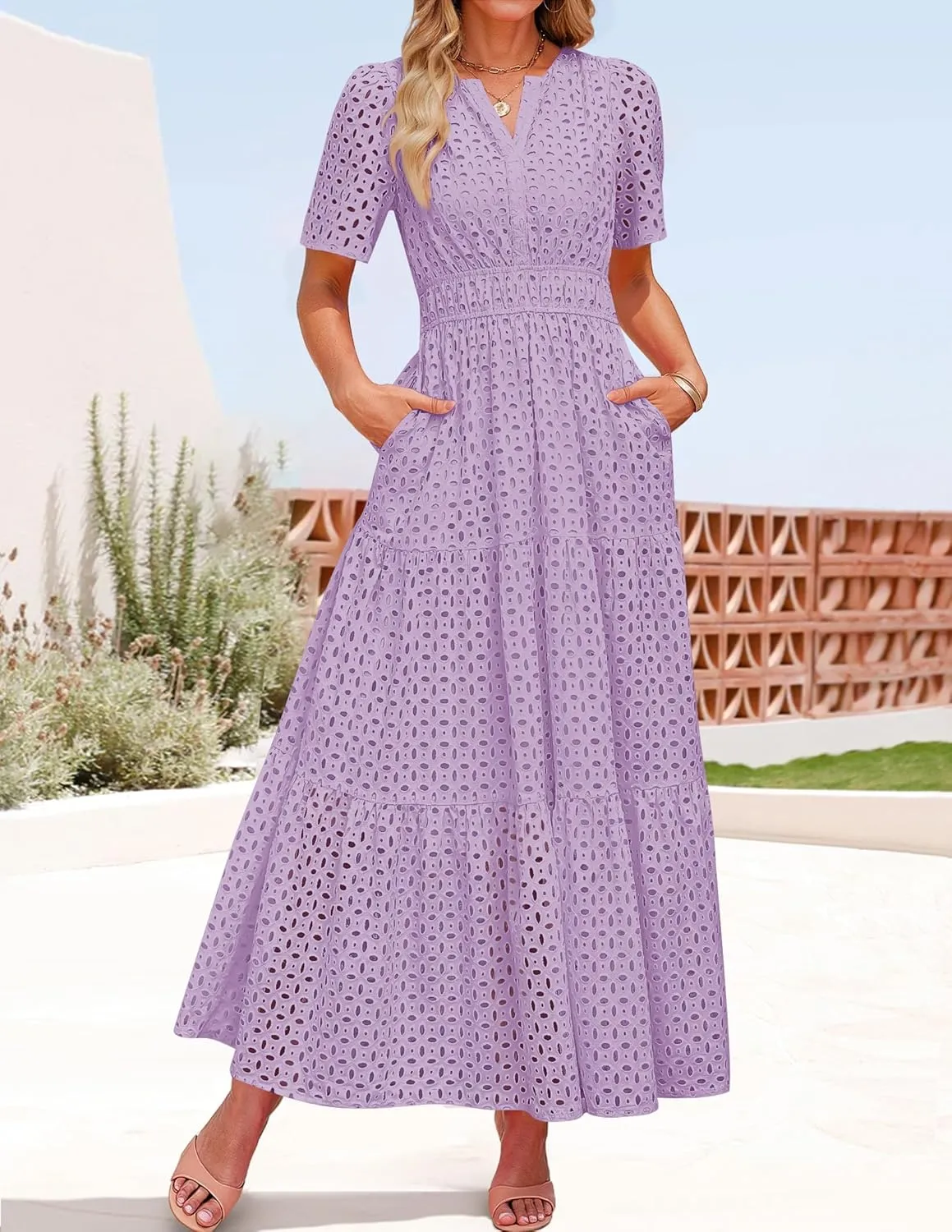 ZESICA Women's 2025 Summer Short Sleeve Maxi Dress Casual V Neck Hollow Out Eyelet Ruffle Swing A Line Long Dresses