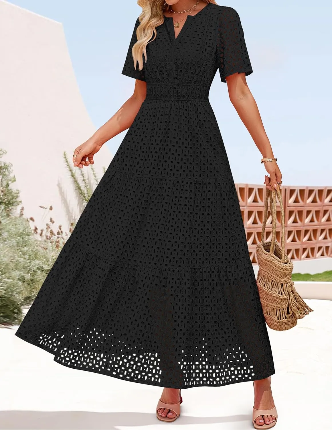 ZESICA Women's 2025 Summer Short Sleeve Maxi Dress Casual V Neck Hollow Out Eyelet Ruffle Swing A Line Long Dresses