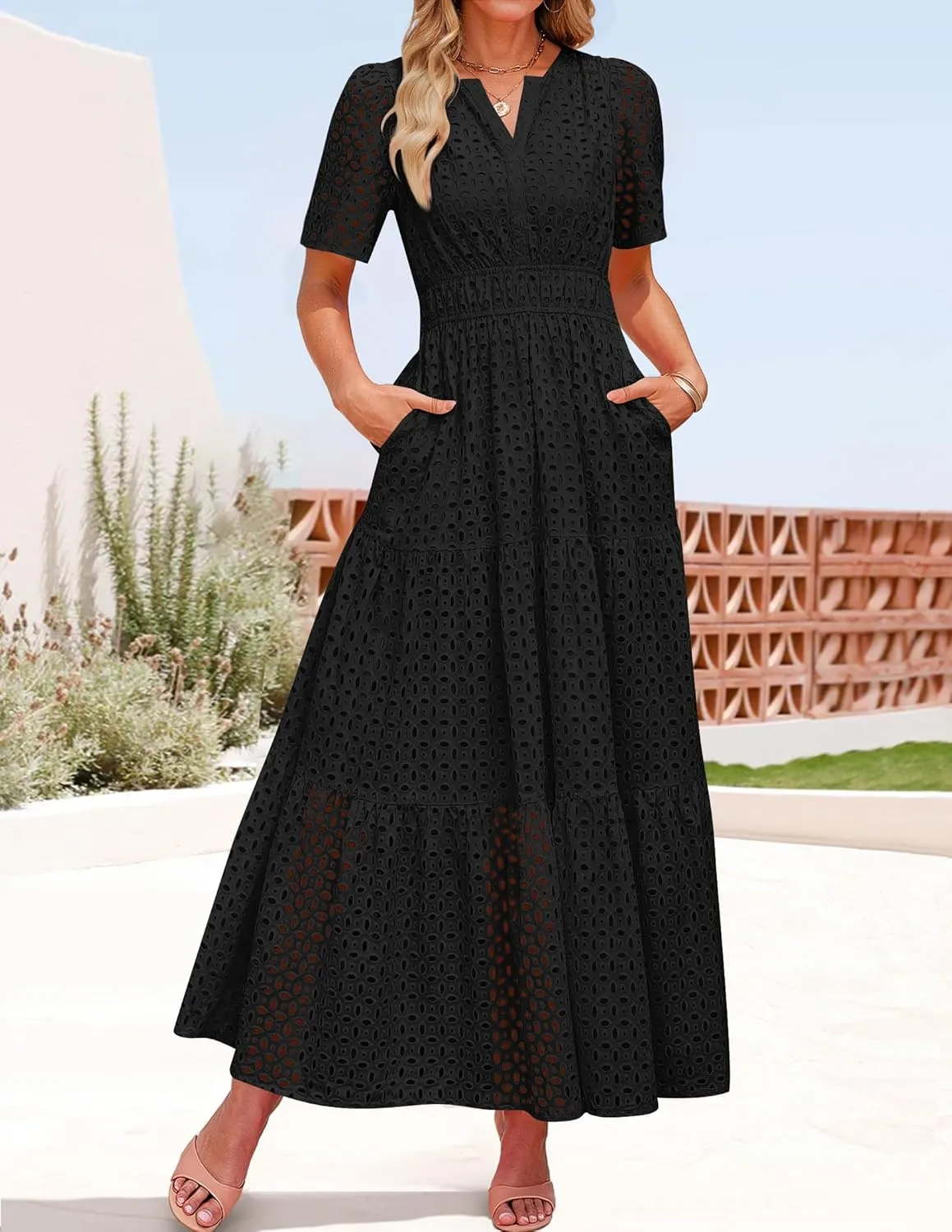 ZESICA Women's 2025 Summer Short Sleeve Maxi Dress Casual V Neck Hollow Out Eyelet Ruffle Swing A Line Long Dresses